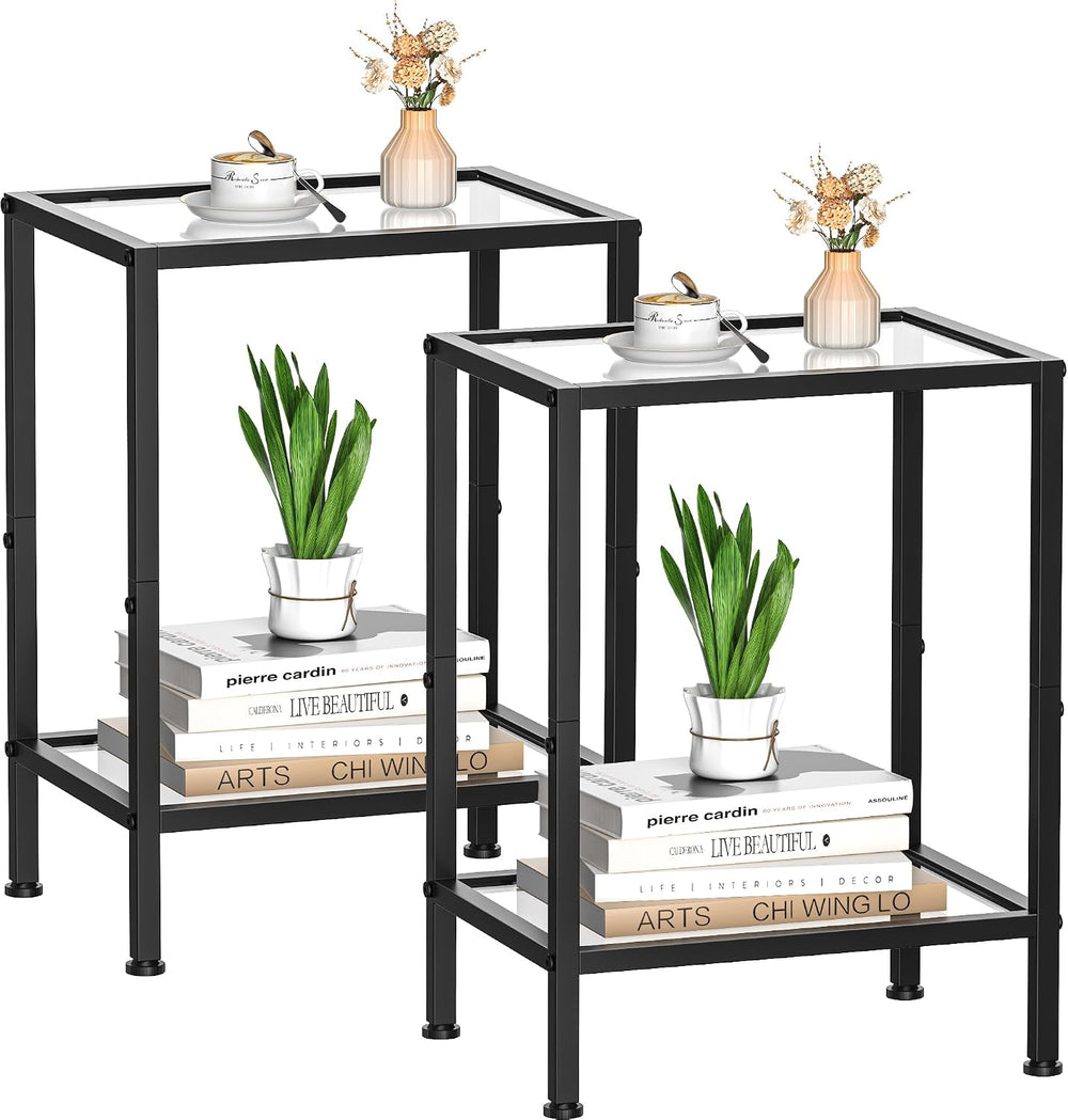 Side Tables Set of 2,Tempered Glass End Tables, 2-Tier Nightstands with Open ...