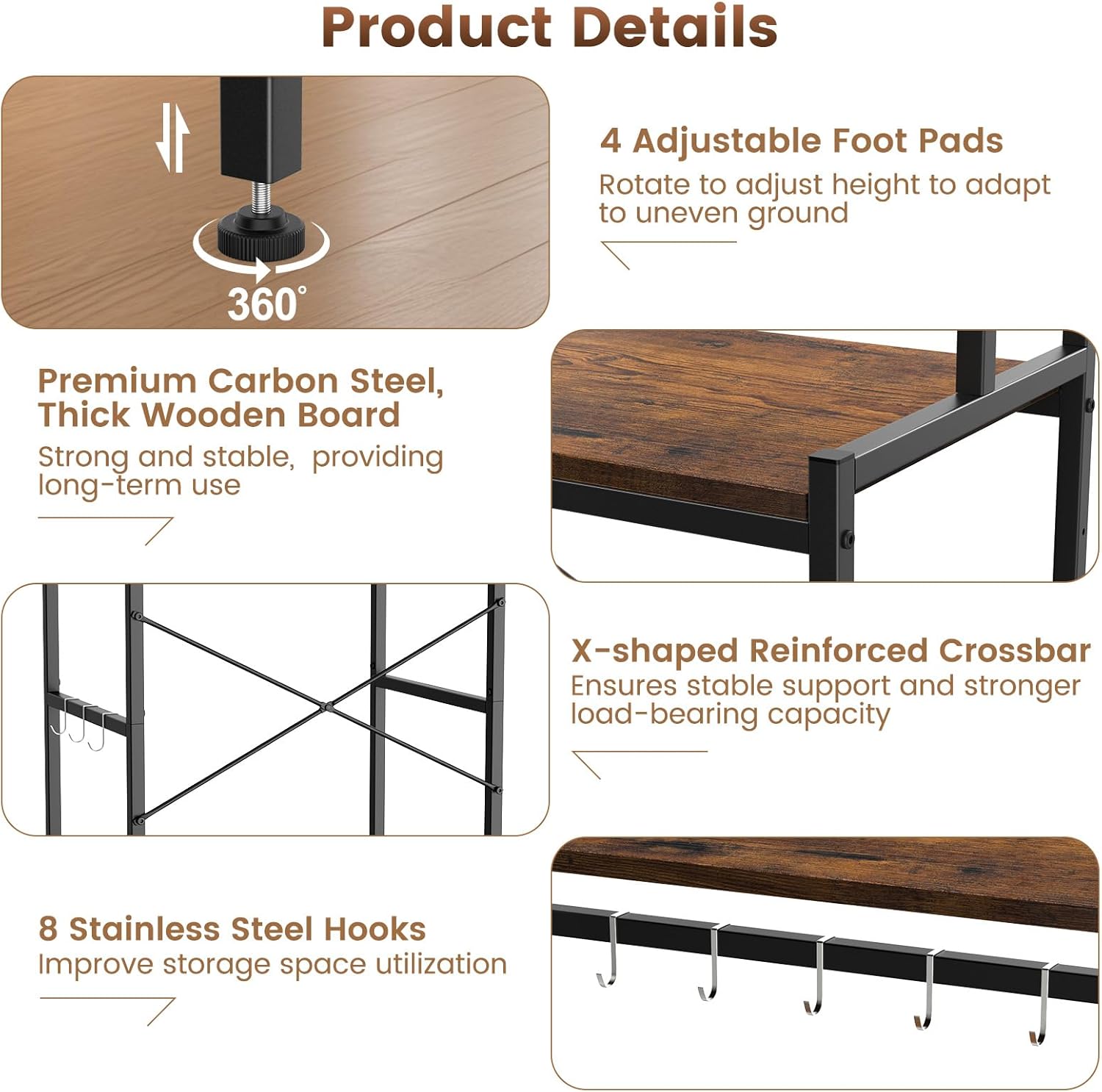 Housolution Mini Fridge Stand with Storage, 2-Tier Kitchen Microwave Stand with Storage Mini Fridge Shelf Height Adjustable Bakers Rack with 8 Hooks for Dorm, Living Room, Offices