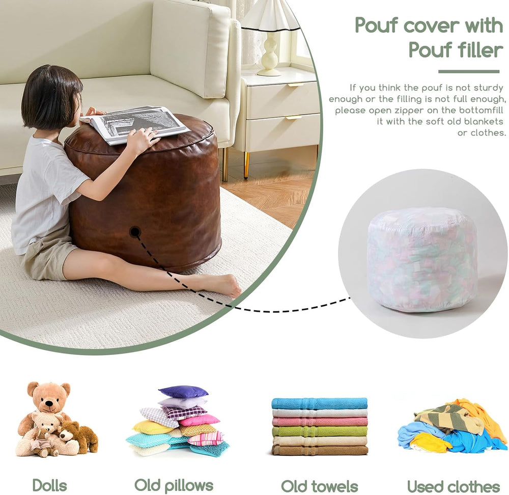 HIGOGOGO Round Stuffed Pouf Ottoman, Pu Leather Poufs with Foam Chunk Filling...