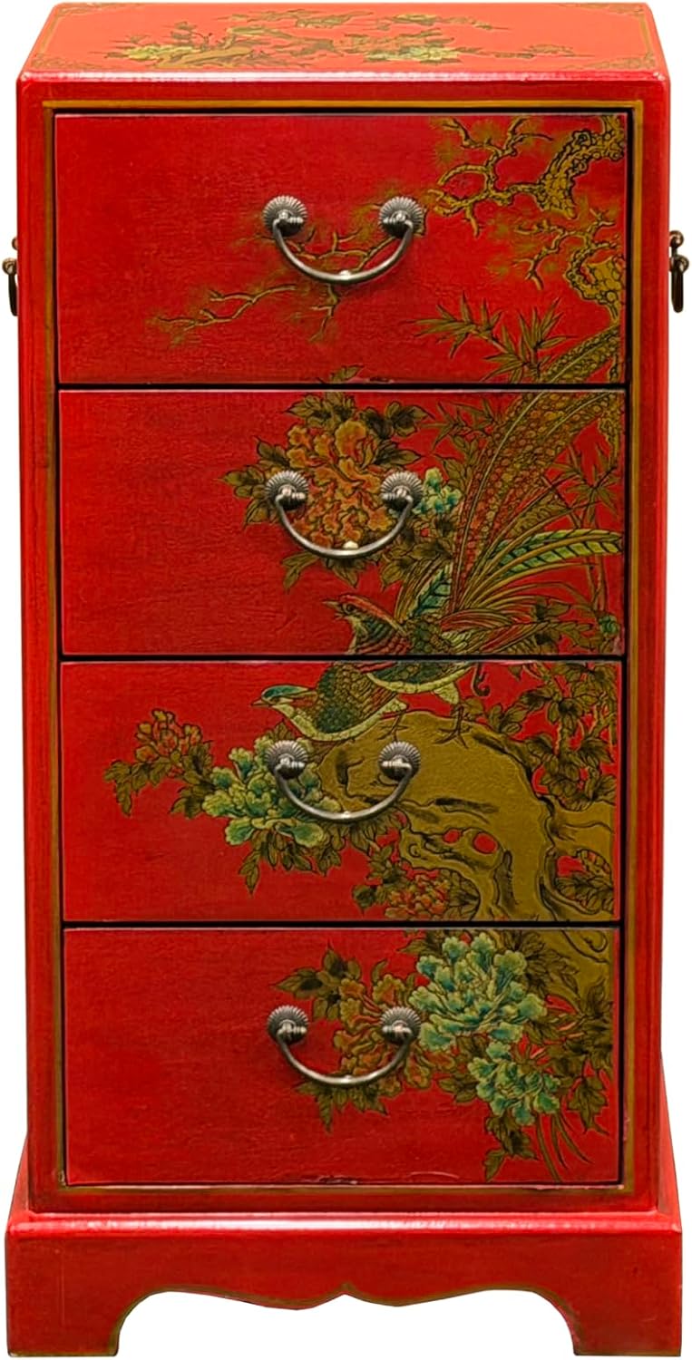 Oriental Bright Red Golden Flower Bird Graphic Drawers Chest Aws5065