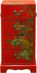 Oriental Bright Red Golden Flower Bird Graphic Drawers Chest Aws5065