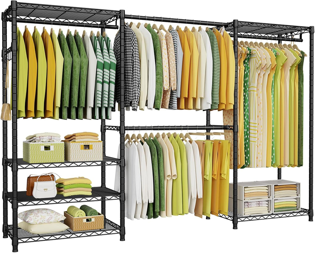 Ulif E1 Heavy Duty Closet Garment Rack, 6 Tiers Adjustable Metal Freestanding Expandable Clothing Storage with 4 Hanger Rods, Easy to Assemble Wardrobe, 71.4" H x (70" - 88.2") L x 14" D, Black