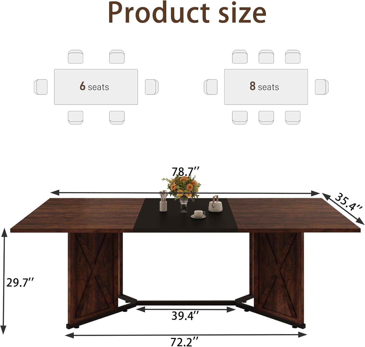 78.7 Inch Dining Table for 8 People, Large Rectangular Farmhouse Kitchen Table with Waterproof Wood Tabletop and Adjustable Leg for Kitchen Dining Room, Brown