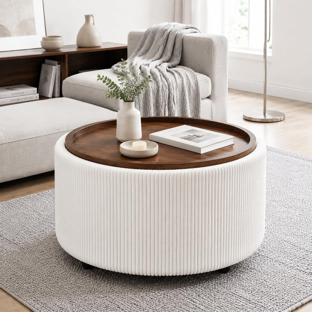 28” Round Storage Ottoman, Ottoman Coffee Table with Tray, Corduroy | Modern ...