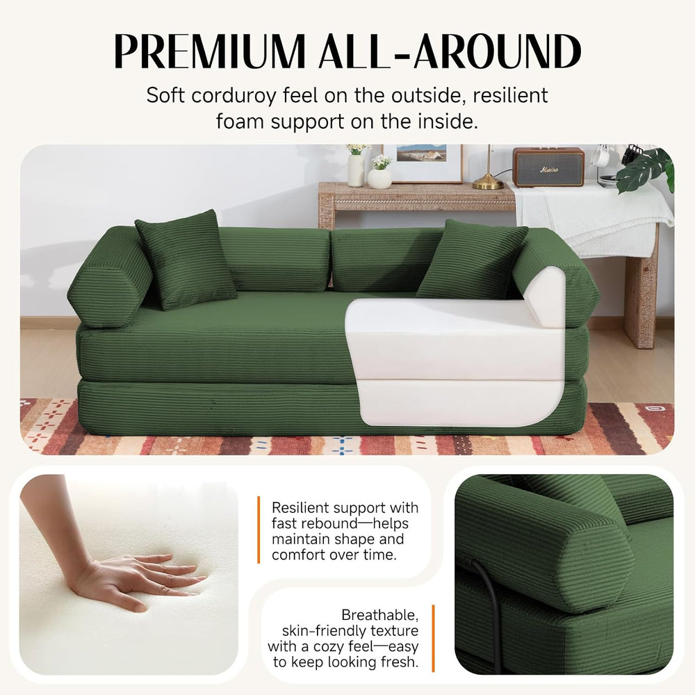 79" Corduroy Sofa Bed, Couch in a Box with 2 Pillows, High-Density Foam ...