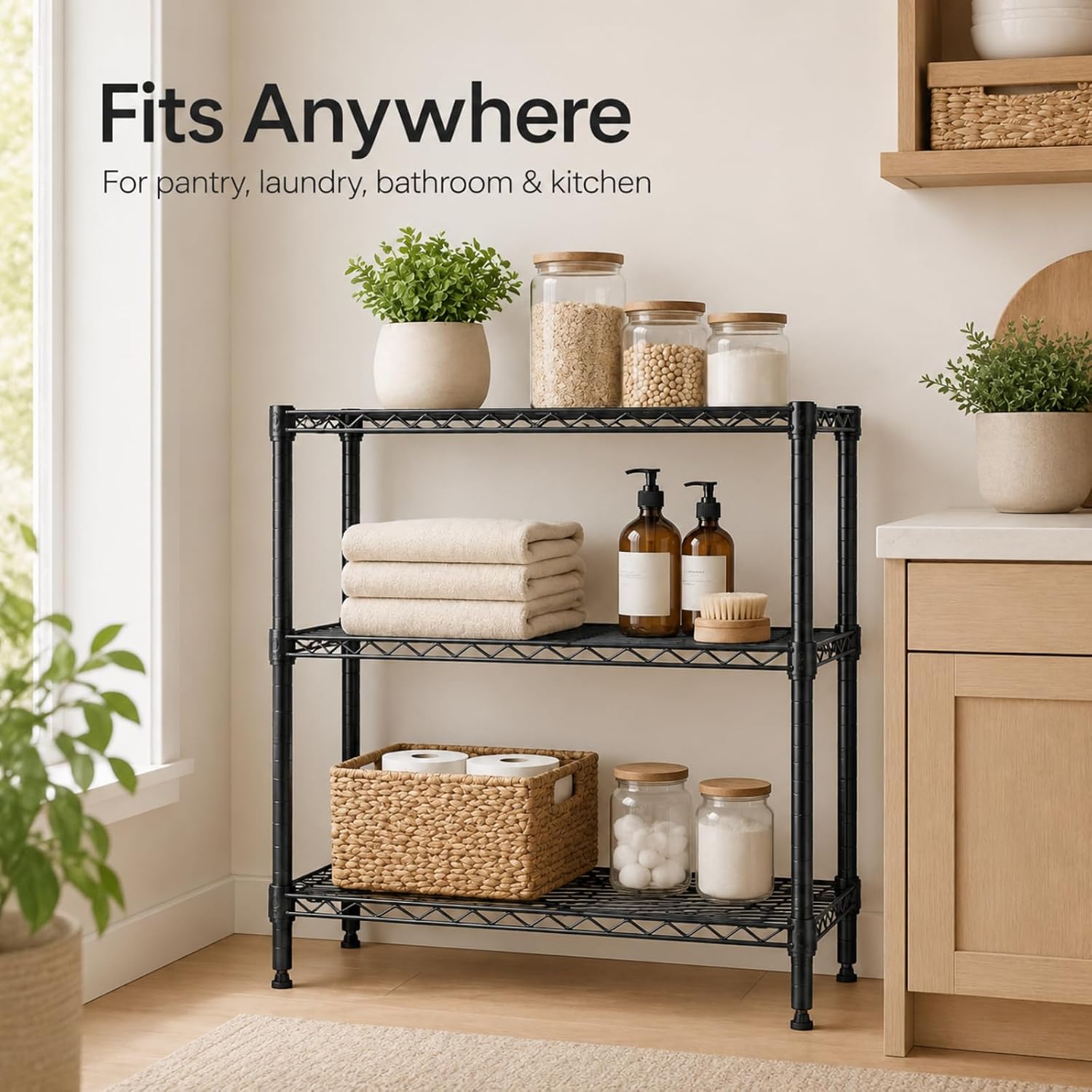 3-Tier Metal Wire Shelving Unit, Heavy Duty Adjustable Storage Rack for Laundry Room, Pantry, Kitchen, Garage Organization and Storage, Small Space Shelves (Black, 23"L × 13.2"W × 30.2"H)