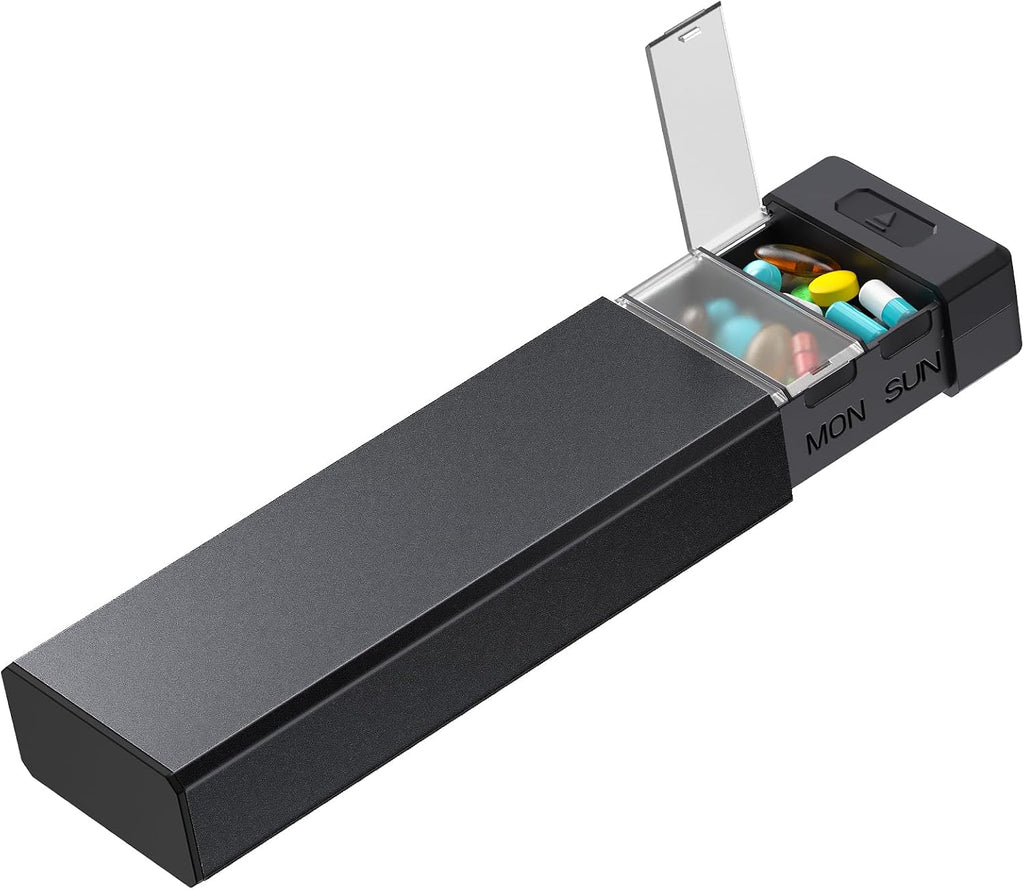 HEIYING 7 Days Pill Organizer with Aluminum Shell for One Week Capacity, Portable Metal Pill Case to Hold Vitamin, Medicine, Supplements