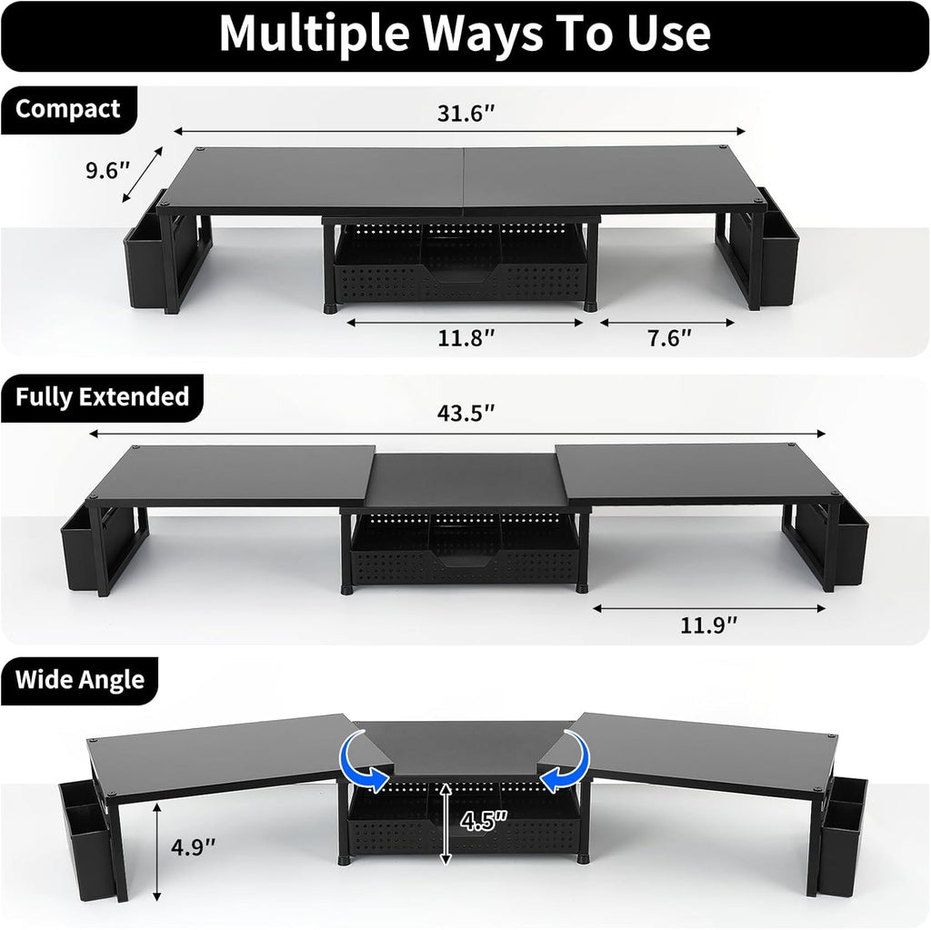 OPNICE Wood Desk Organizers and Accessories, Dual Monitor Stand Riser with Drawer and 2 Pen Holders, Desk Shelf Computer Racks for Office Workspace Organizers, Desktop Organization (Black)