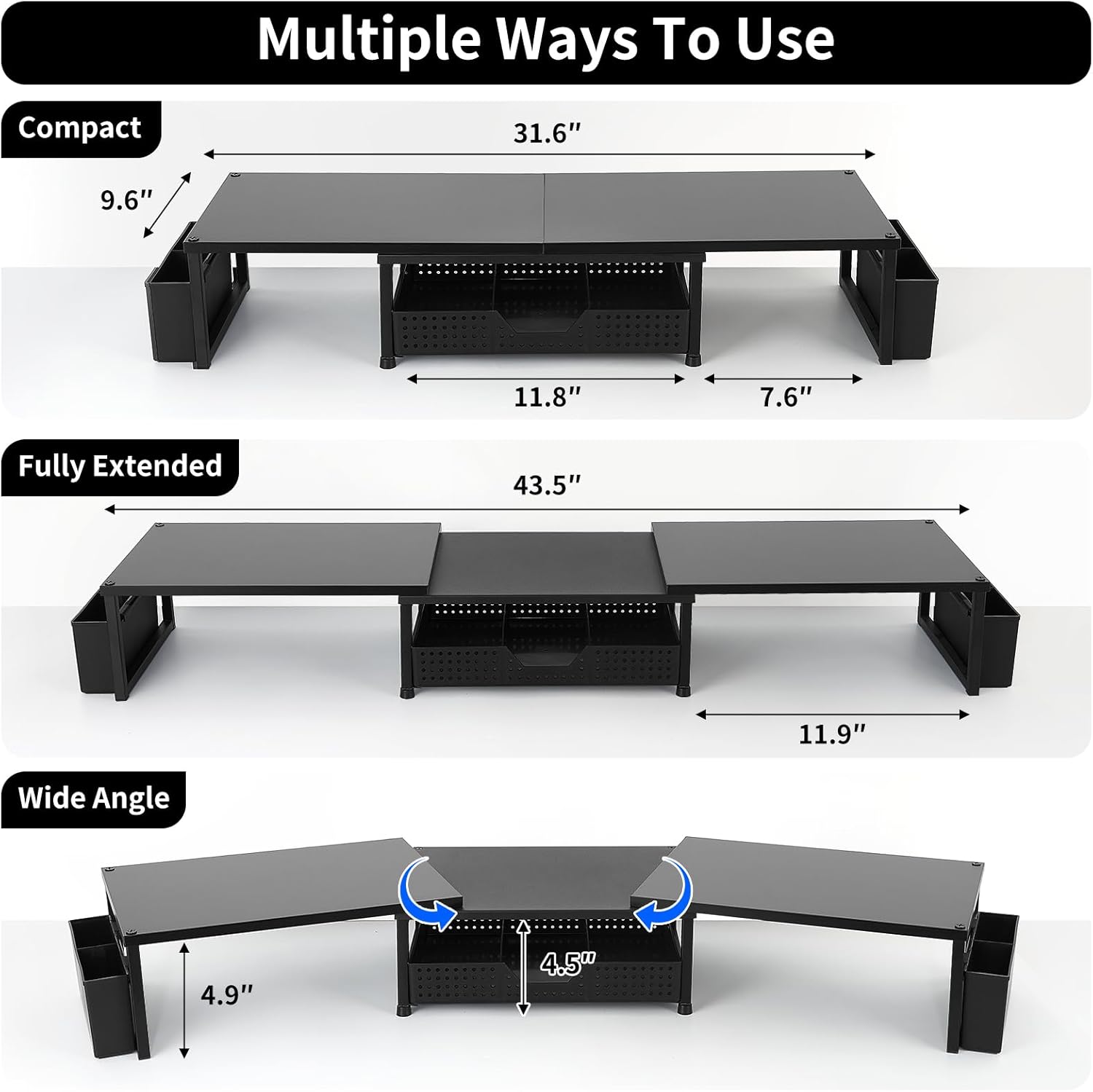 OPNICE Wood Desk Organizers and Accessories, Dual Monitor Stand Riser with Drawer and 2 Pen Holders, Desk Shelf Computer Racks for Office Workspace Organizers, Desktop Organization (Black)