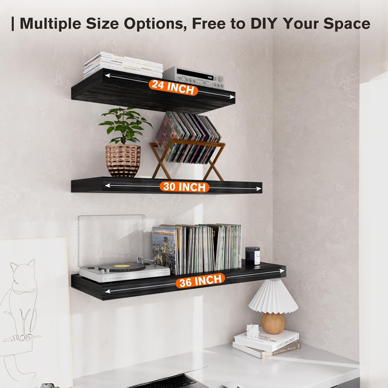 Floating Shelf, Set of 3 Wall Shelf, 24 in W x 12.75 in D x 2 in H Wooden Floating Wall Shelf with Invisible Brackets for Living Room/Bedroom/Bathroom/Kitchen Storage and Decor, Black Wood