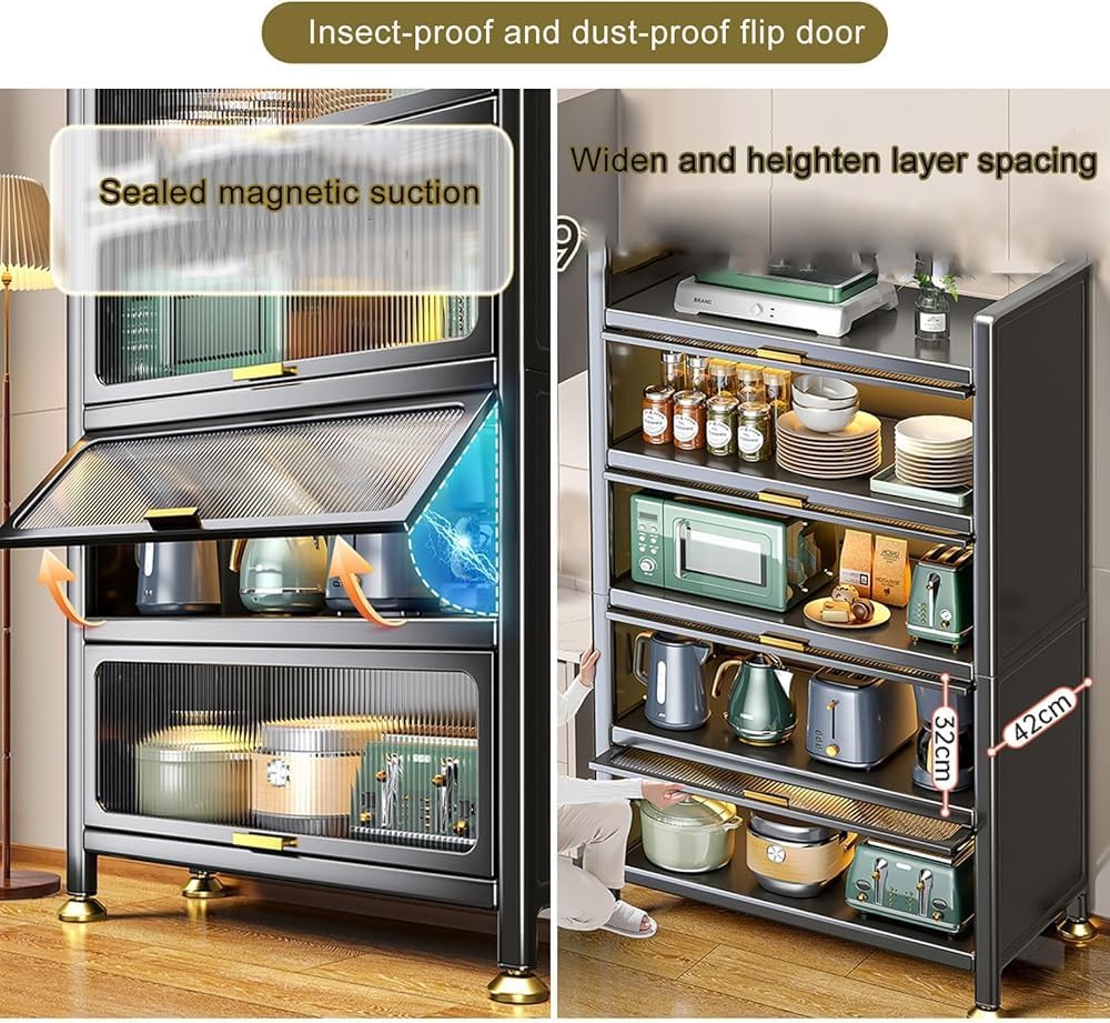 Modern 3-Tier Microwave Rack with Flip Door & Metal Storage - Stylish Kit...