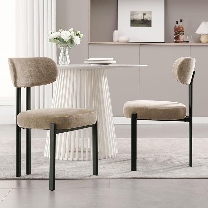 LukeAlon Chenille Dining Chairs Set of 4, Modern Curved Back Upholstered Dining Room Chairs with Black Metal Legs, Khaki