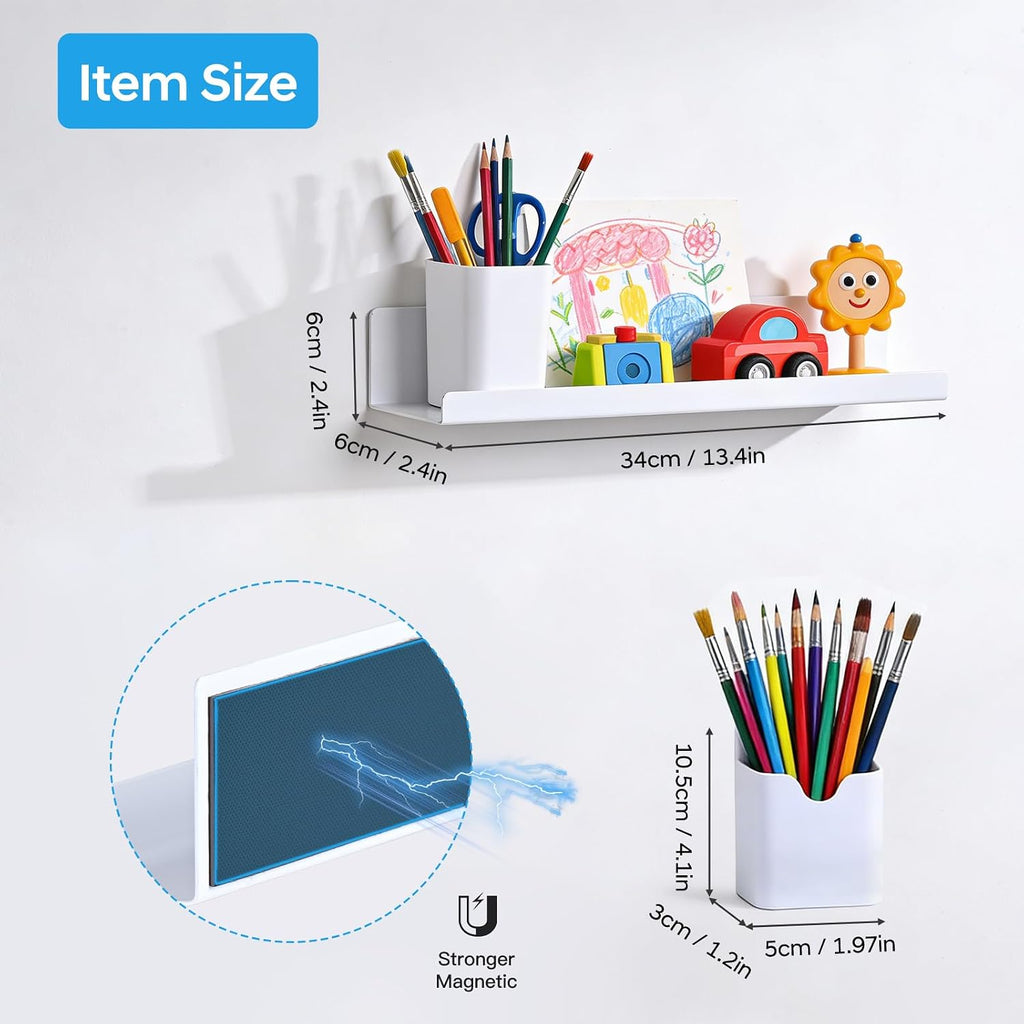 2 Pack 13.5" Metal Magnetic Bookshelf for Whiteboard, Strong Reusable Magnetic Display Shelf, Holds up to 12 lbs, Storage Organizer for Classroom, Kids Room, Office, Kitchen & Garage