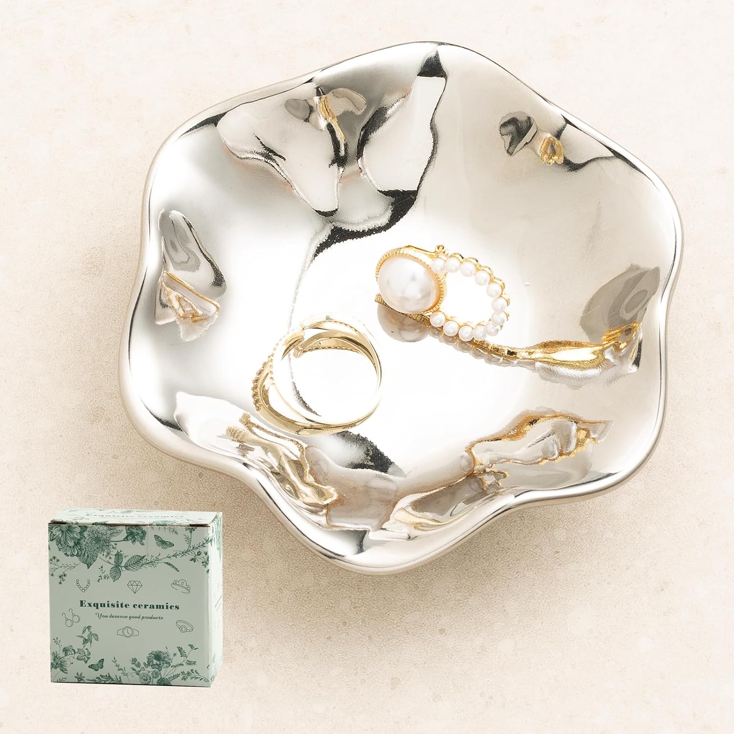 Ceramic Lotus Leaf Trinket Dish, Ring Holder for Jewelry | Keeps earrings, necklaces, keys, and keepsakes handy on vanities or nightstands, a sweet gift for moms, sisters, and friends