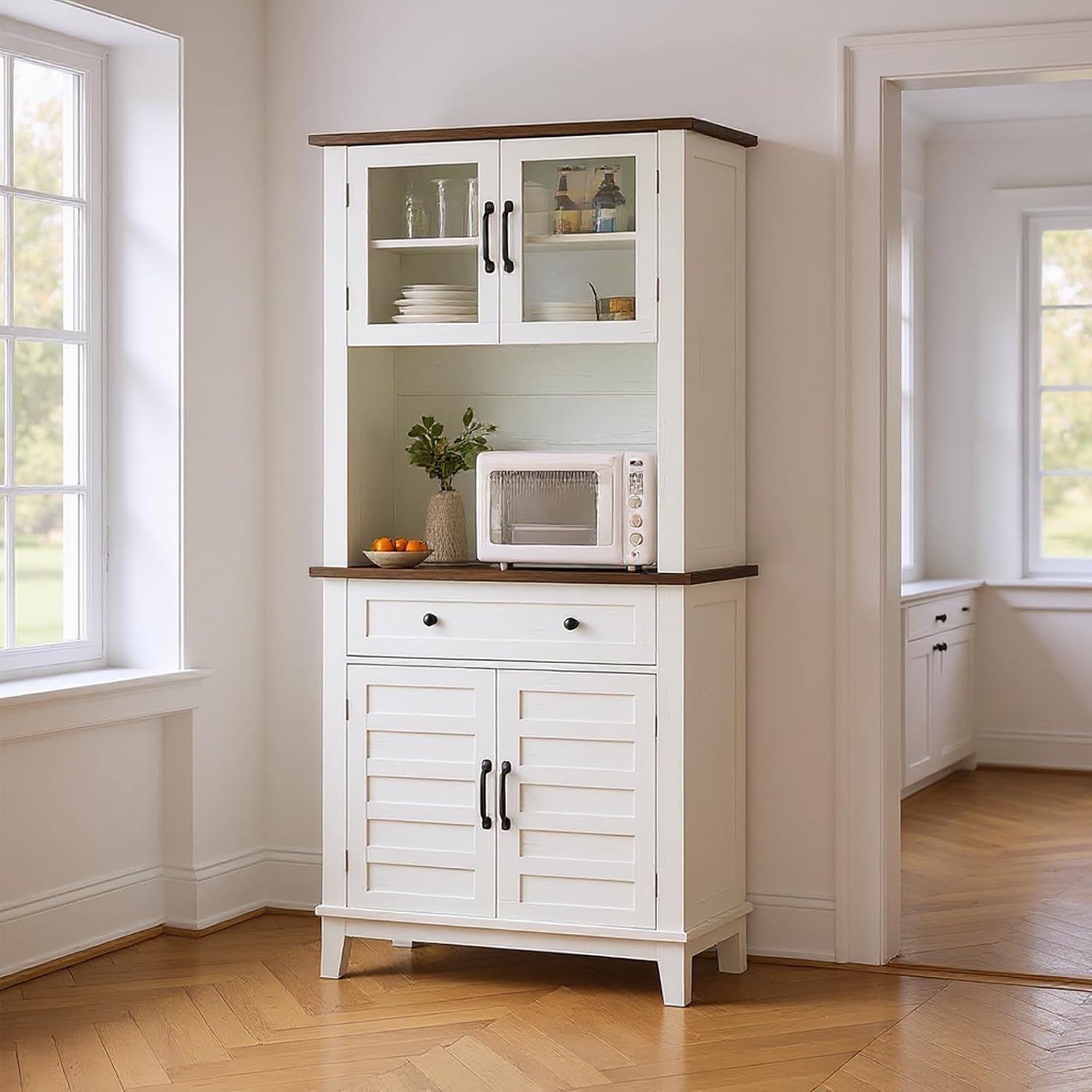 Pantry Cabinet with Charging Station, Tall Kitchen Pantry Storage Cabinet with Microwave Stand, 2 Glass Doors for Living Room, Dining Room