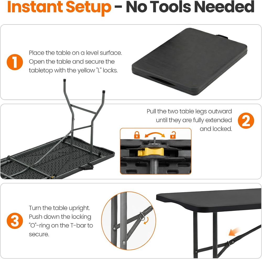 2 Pack Folding Tables 6FT Plastic Utility Foldable Tables, Black