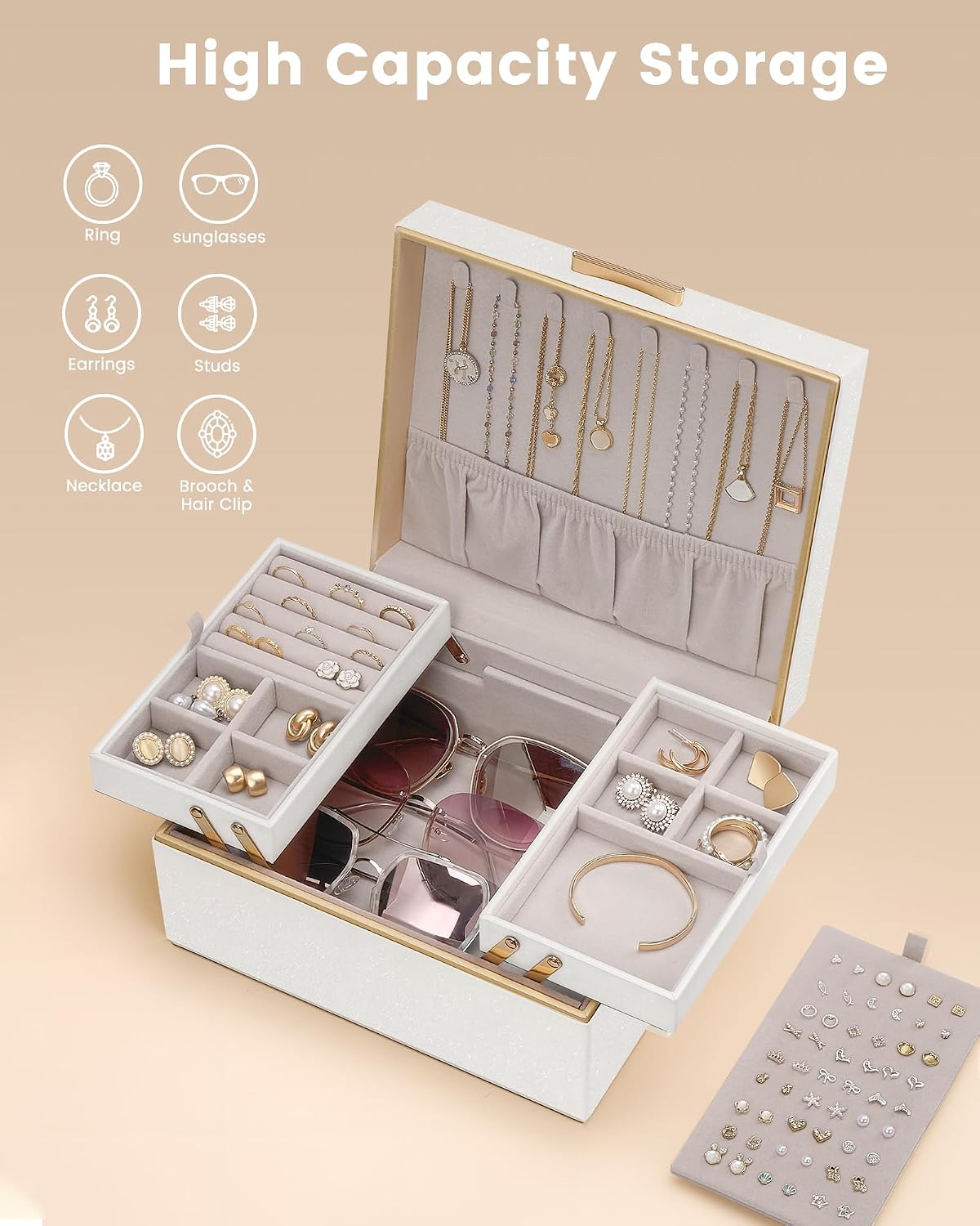 Lolalet Jewelry Box for Women Girls, 2 Layer Jewelry Organizer -Champagne | Jewellery Storage Case, Necklace Earrings Rings Bracelets Holder, Cnristmas Birthday Gifts for Mom Teen Girls Daughter
