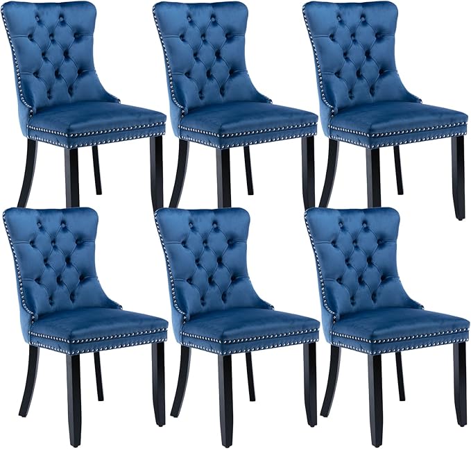 Upholstered Dining Chairs Set of 6, Velvet Dining Room Chairs with Back Ring Pull Trim and Solid Wood Legs, Tufted Wingback Kitchen Chair Perfect for Dining Room,Living Room,Kitchen(Blue)