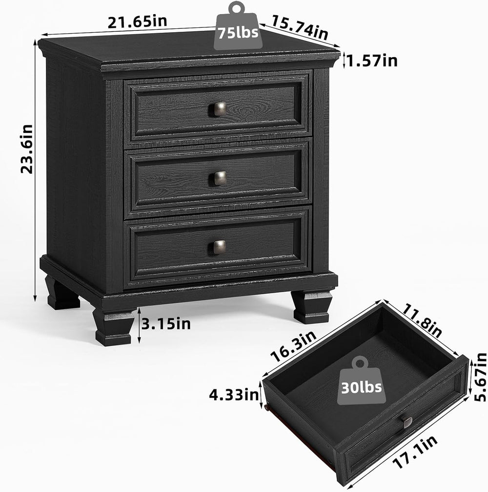 SAVOR LIFE 3-Drawer Nightstand Set of 2 with Solid Wood Legs, Black | Pair of...