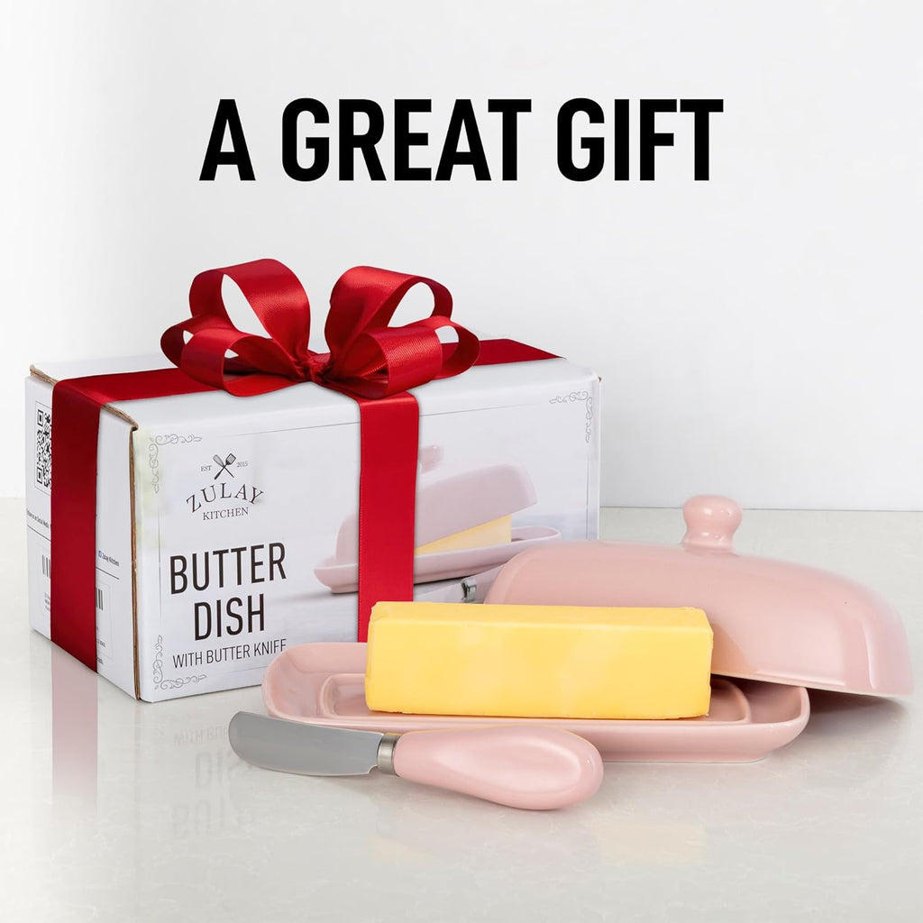Zulay Butter Dish With Lid For Countertop - Porcelain White, Ceramic Butter Dish with Knob Handle Great for Cooking - Elegant Design Butter Holder - Durable & Sturdy Butter Keeper - Pink