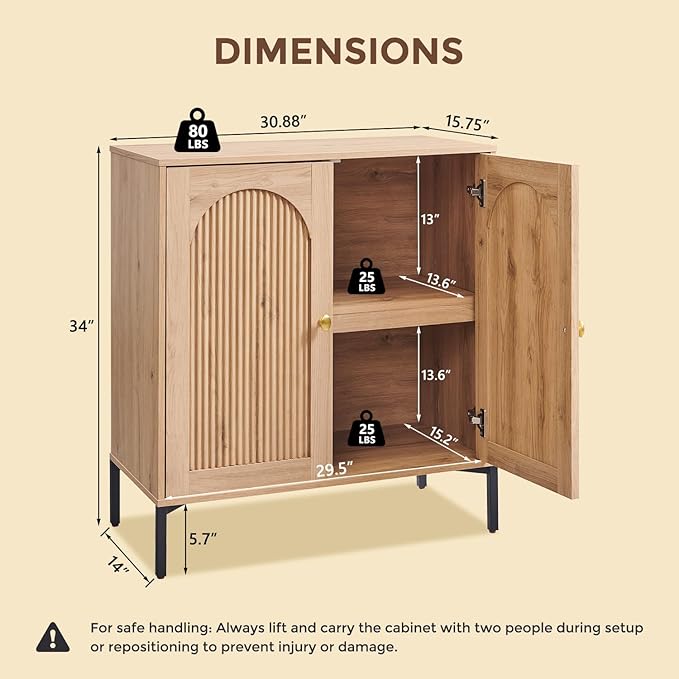 Modern TV Stands for 65 Inch TVs, 34" Tall Wood Entertainment Center w/Adjustable Shelves, Mid Century Modern TV Stand w/Arched Fluted Doors, Media Console Cabinet for Living Room, Natural
