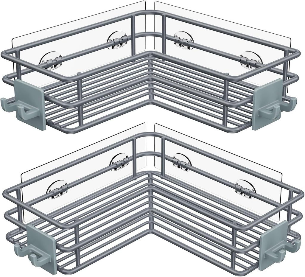 Nieifi Adhesive Corner Shower Caddy Shelf Basket Rack with Hooks, Rust Proof Stainless Steel Bathroom Shelf Shampoo Holder No Drilling (Gray)