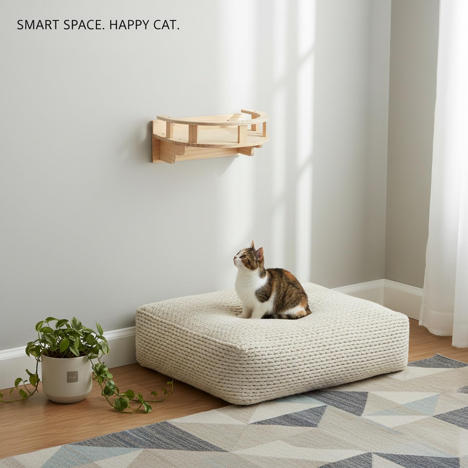 Space-Saving Wall Ladder: Solid Pine & Textured Rope Post for Apartments, 14 x 12 x 6.7 Inches