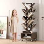 49" Rotating Tree Bookshelf, 7 Tier Double Sided Shelf, Wood Corner Bookshelf with Wheels, 360 Display Spinning Bookcase Storage Rack, Ideal for Small Rooms, Easy Assembly, Rustic Brown
