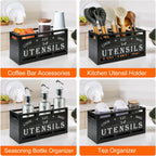 Large Black Wood Utensil Holder for Kitchen Decor Spoon Spatula Organizer | Wooden Cooking Utensils Holder for Kitchen Countertop Silverware Caddy Farmhouse Utensil Crock Big Kitchen Tools Spoon Holder