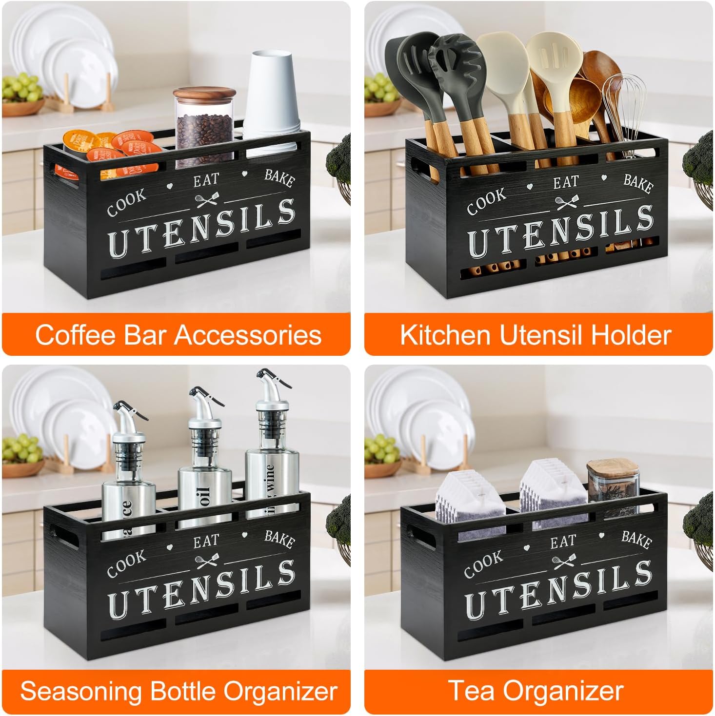 Large Black Wood Utensil Holder for Kitchen Decor Spoon Spatula Organizer | Wooden Cooking Utensils Holder for Kitchen Countertop Silverware Caddy Farmhouse Utensil Crock Big Kitchen Tools Spoon Holder