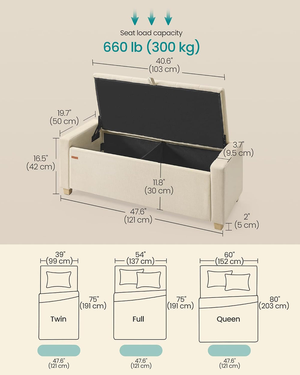 SONGMICS Storage Ottoman, 48 Inches Long Bed End Stool, Solid Wood Legs | But...