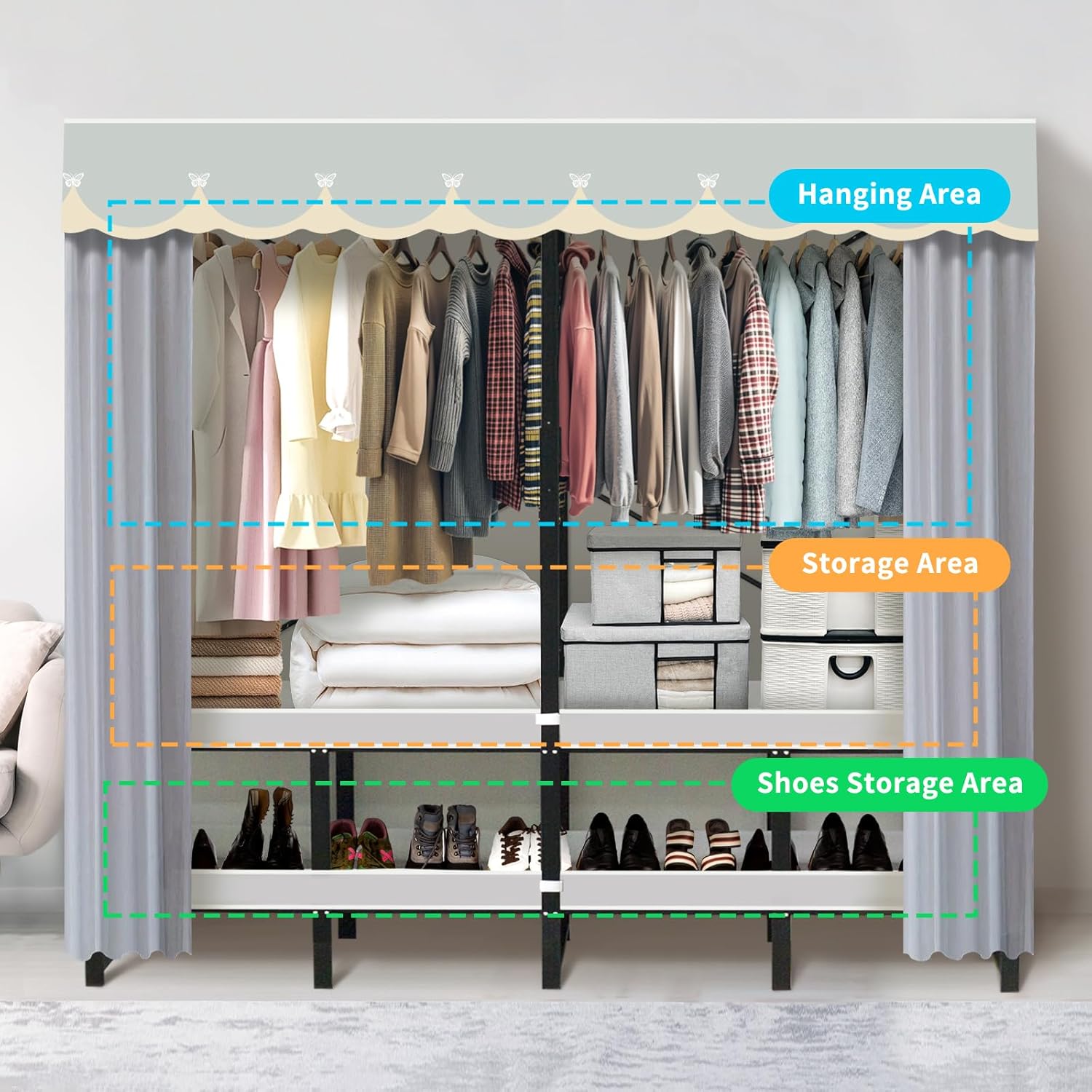 Portable Closet Rack Heavy-Duty Foldable Garment Racks with Cover 1200lbs Enclosed Wardrobe Closet with Independent Area for Hanging Clothes Storaging of Bedding (51in*20in*67in)
