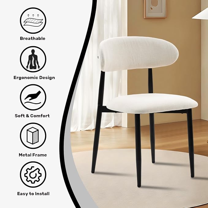 UVV Dining Chairs Set of 2, Metal Kitchen Chairs with Modern Fabric Upholstered for Dining Room, Beige