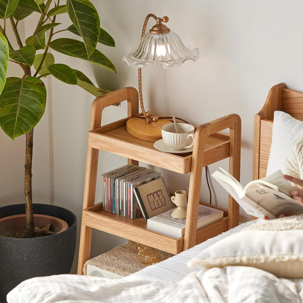 3-Tier Ladder Shelf, Solid Wood Ladder Bookshelf, Mid-Century Modern Leaning Shelves, Oak Wooden Floor Bookcase w/Storage Rack, End Side Table for Living Room Kitchen Bedroom, Natural