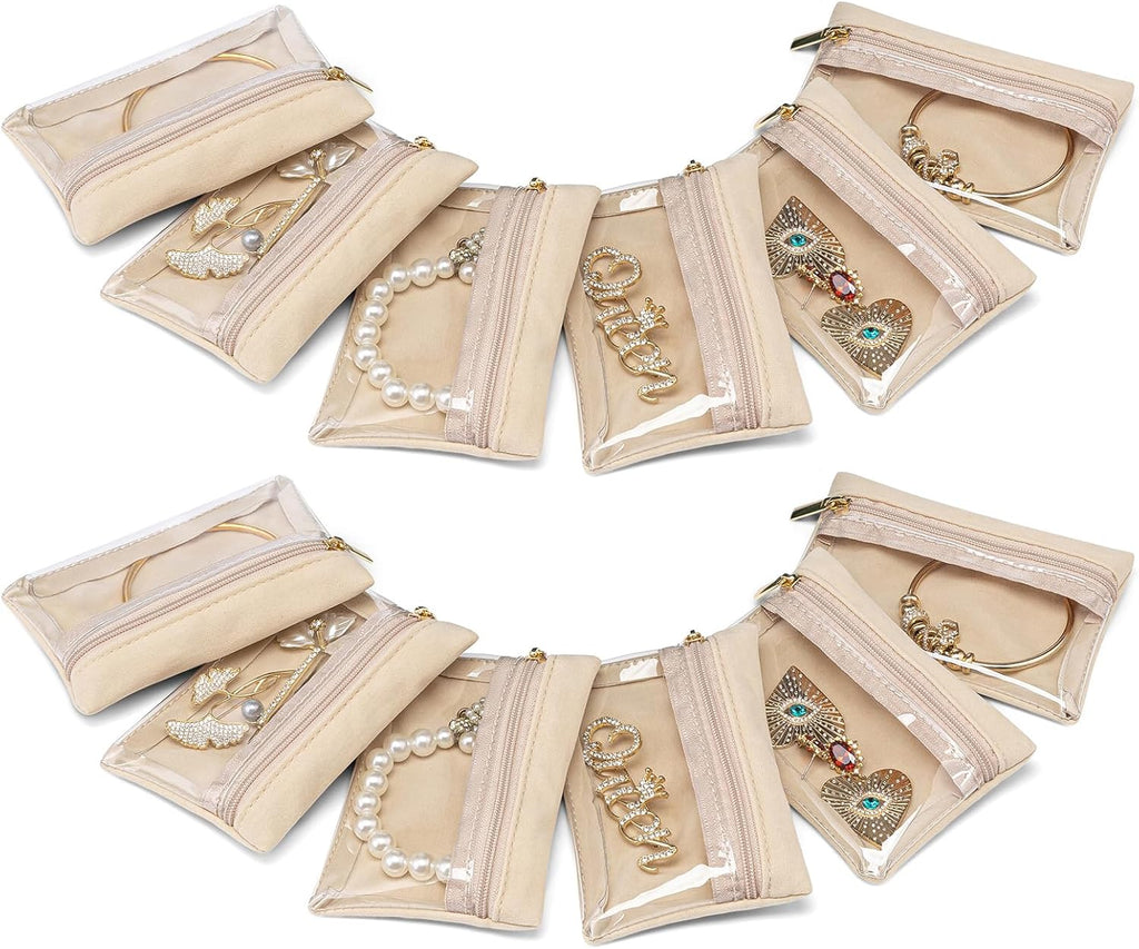 Vlando 12 Pcs Travel Jewelry Organizer Velvet Jewelry Pouch with Zipper Clear Travel Jewelry Bag for Travel Business Trip Mother‘s Day Gift for Mom Wife Women