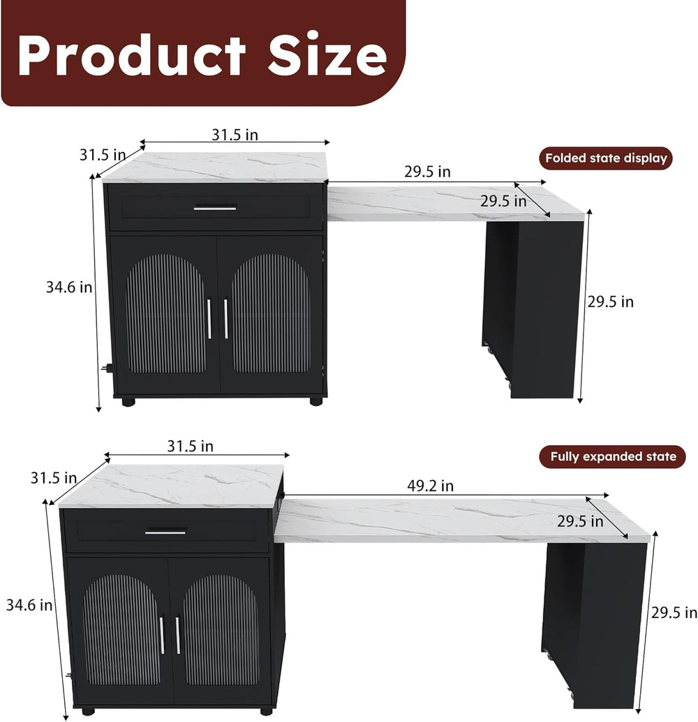 80-inch Expandable Kitchen Island with Dining Table, Marble-Grain Countertop ...
