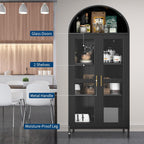 73" Tall Metal Arched Kitchen Pantry,Pantry Cabinet with Glass Door, 2 Adjustable Shelves,Modern Farmhouse Display Bookshelf for Kitchen, Dining Room, Bathroom,Black