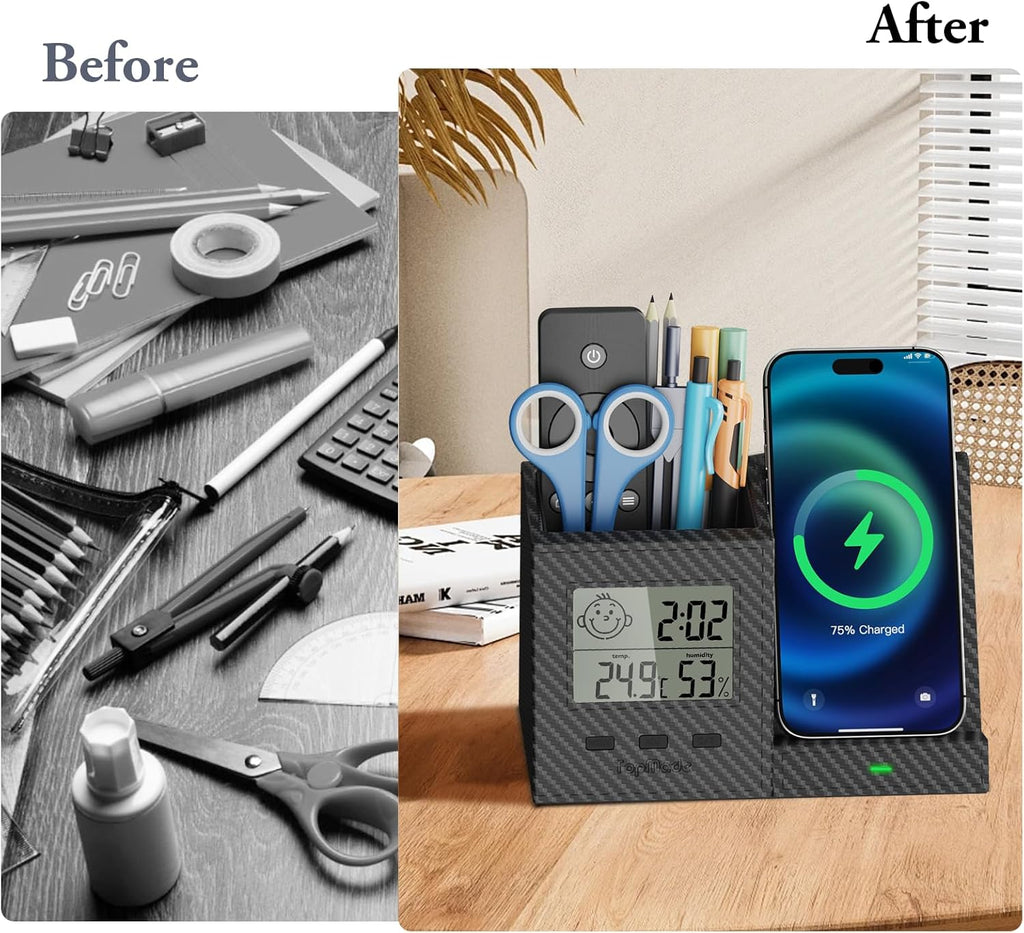 TopMade Wireless Charger with Pen Remote Holder, Multi-Functional Leather Nightstand Organizer Fast Charging Station, Digital Thermometer and Humidity Gauge, Desktop Storage (Black Carbon Fiber