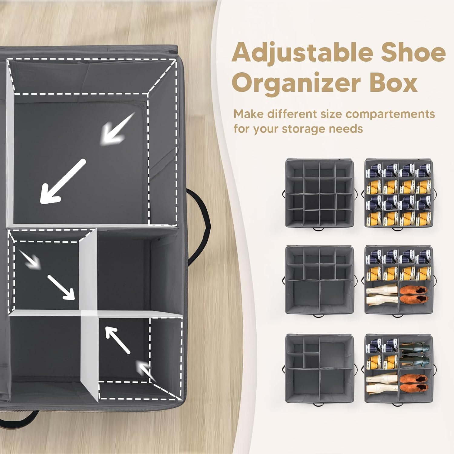 Shoe Organizer for Closet, Fits Up to 32 Pairs, Large Shoe Box Storage Container with Clear Cover, with Adjustable Dividers for Shoe Storage Bins,Space-Saving Shoe Bins,(2-Pack Beige and grey)