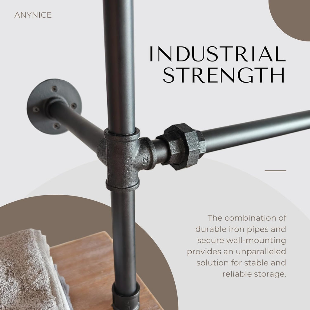 Industrial Pipe Clothing Rack, Wall Mounted Garment Hanging Rack with Shelves, 14.6x112.6x82.7 Inches, Model Y03