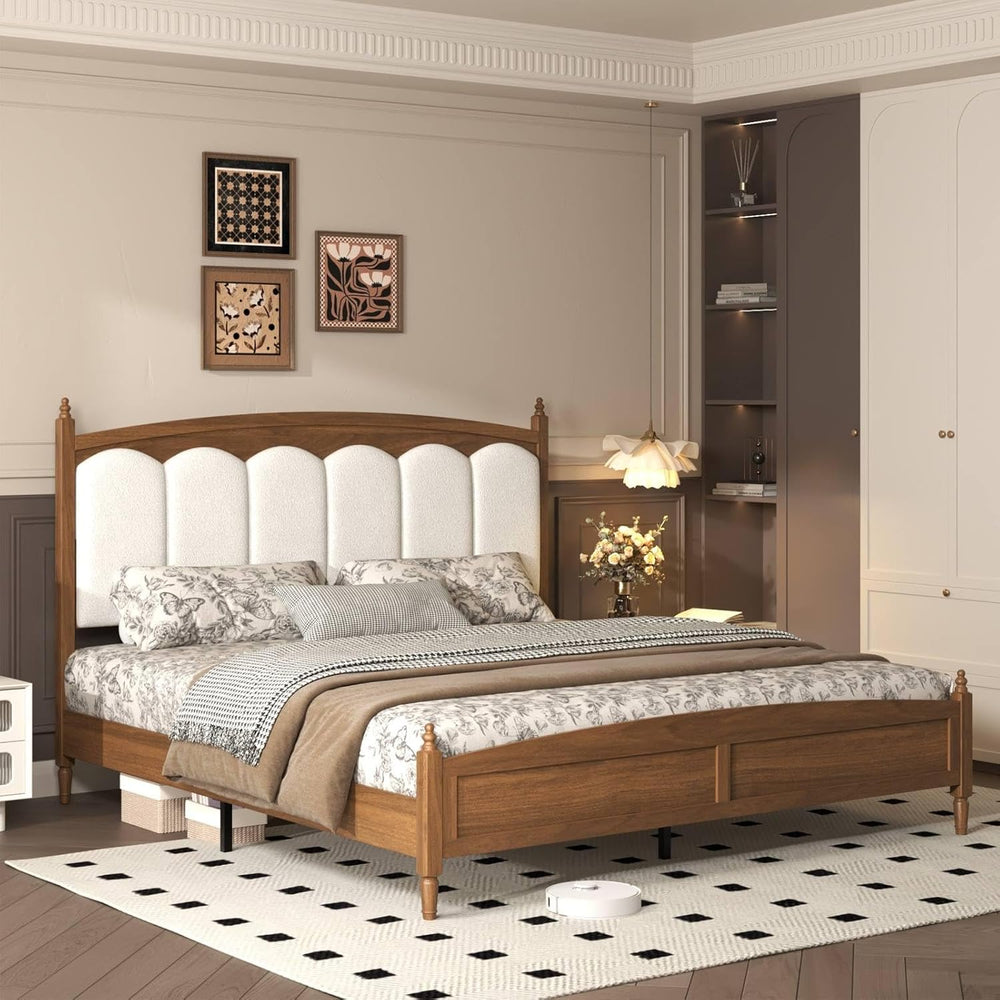 Queen Bed Frame Upholstered Headboard Farmhouse Platform No Box Spring