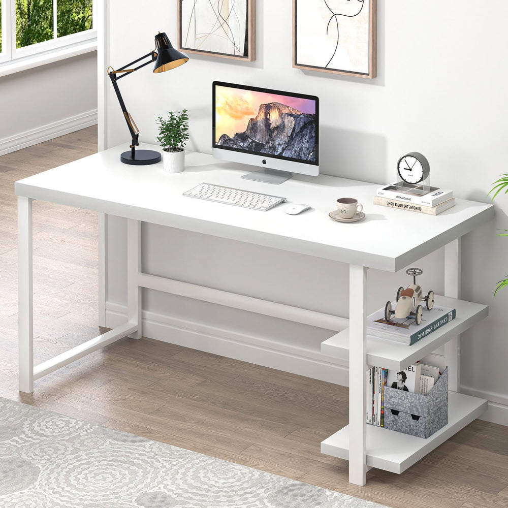 EXCEFUR White Computer Desk, Modern Home Office Desk with Storage Shelf, Wood...