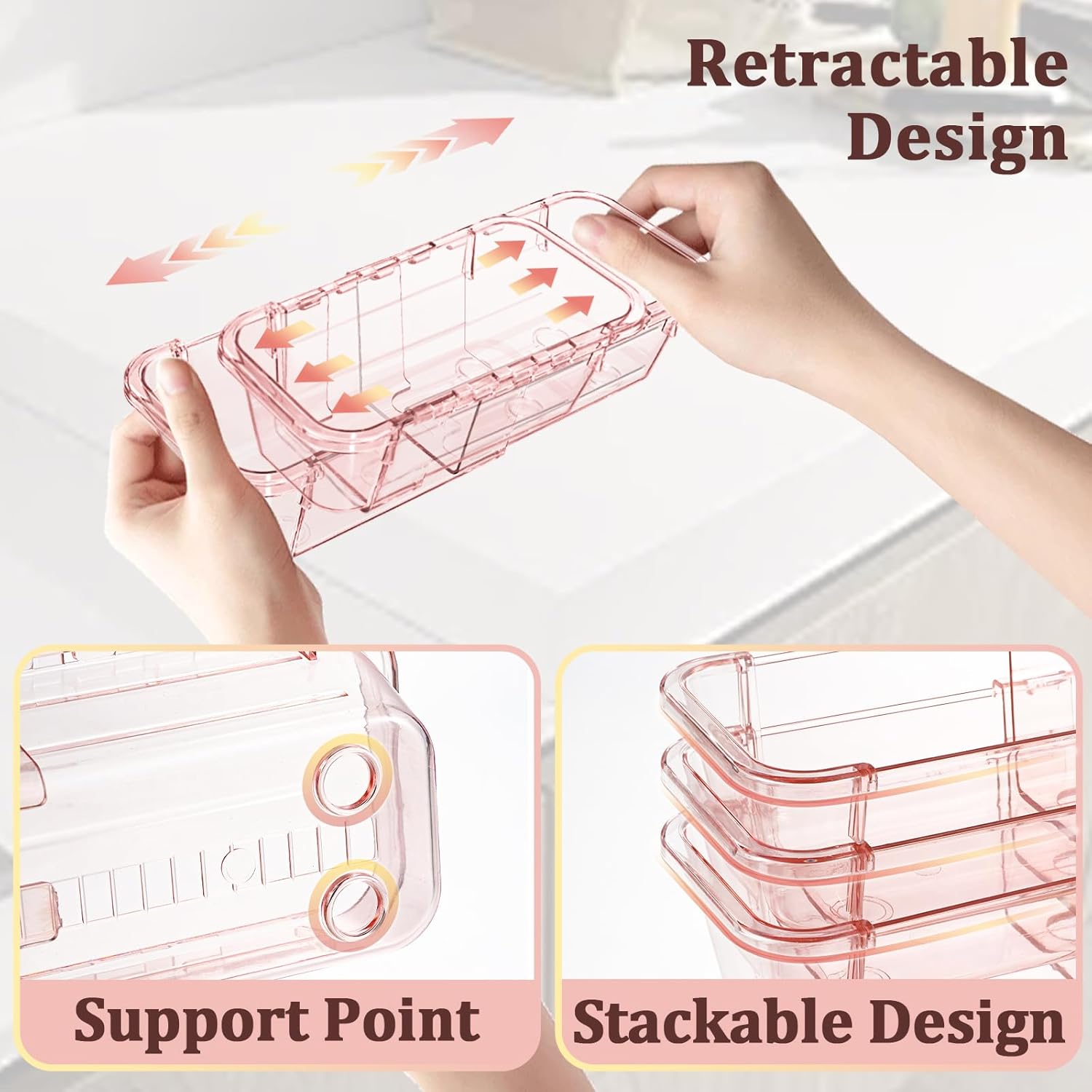 14 Pcs Adjustable Clear Drawer Organizer, Extendable Vanity Storage Bins, Desk Drawer Organizer Set for Makeup, Cosmetics, Bedroom, and Gadgets, Pink