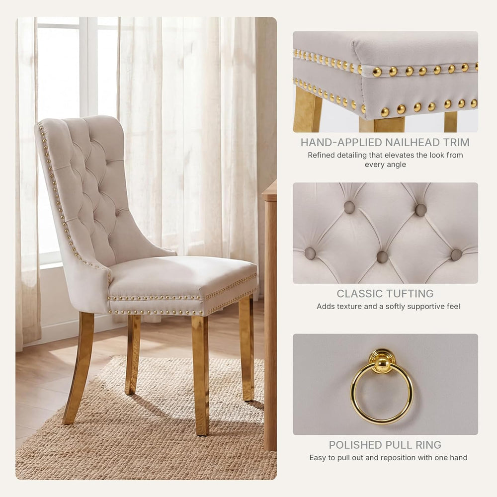 Beige Velvet Dining Chairs Set of 6, Fabric Upholstered Kitchen & Dining ...