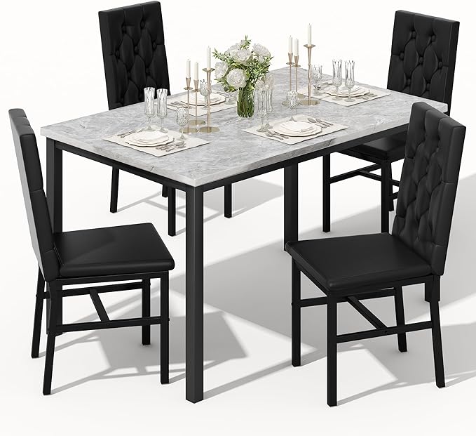 Hooseng Dining Table Set for 4, Faux Marble Small Kitchen Table Chairs Set of 4 with Luxurious Button Tufted Dinner Chairs for Kitchen and Dining (Gray)
