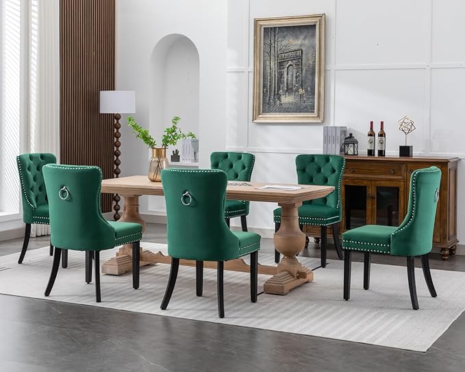 KCC Velvet Dining Chairs Set of 6, Upholstered High-end Tufted Dining Room Chair with Nailhead Back Ring Pull Trim Solid Wood Legs, Nikki Collection Modern Style for Kitchen, Green