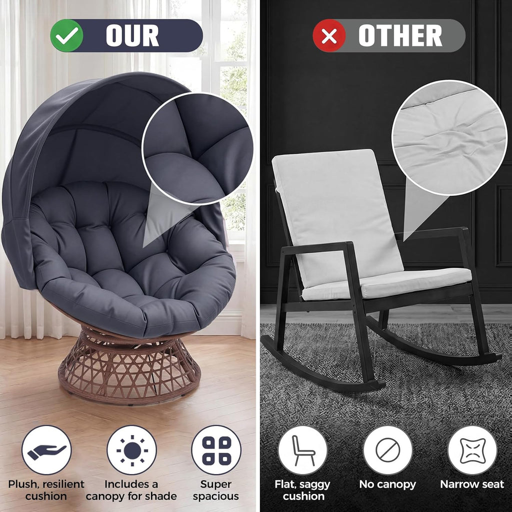 GTPLAYER Outdoor Wicker Egg Chair PE Rattan Chair with Cushion, Oversized Patio Lounge Chair with Canopy Papasan Chair 360° Swivel Base for Outdoor, Indoor, Balcony, Backyard, Garden, Gray