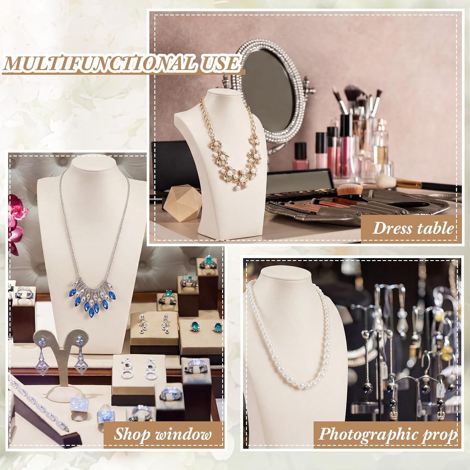 Beige 3 Pcs PU Leather Jewelry Display Bust Necklace Display Stand Necklace Mannequin Holder for Jewelry Displays for Vendors (11.42 x 6.89 Inches)
