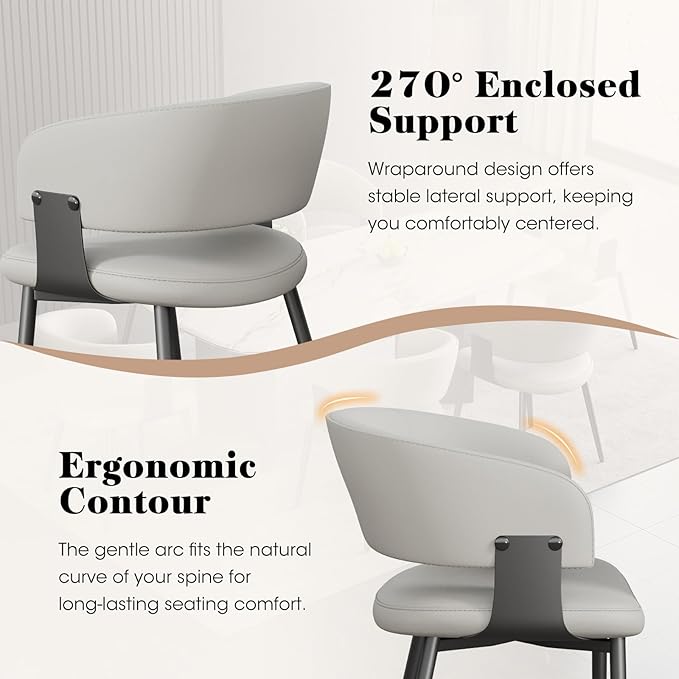 Modern Dining Chairs Set of 2, Faux Leather Upholstered Kitchen Chairs with Curved Back and Metal Legs, Mid Century Chairs for Dining Room, Kitchen, or Café (Light Gray)