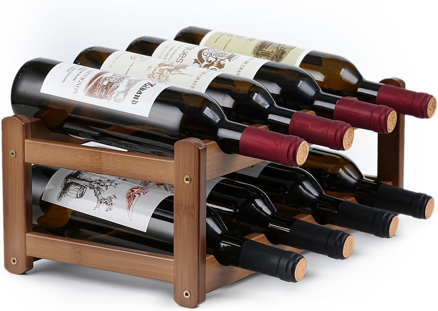Bamboo Wine Rack, Walnut Finish 2-Tier Freestanding Storage Shelf, Holds 8 Bottles, Space Saving Countertop Cabinet Organizer for Basement, Kitchen, Pantry, Dining Room, Bar